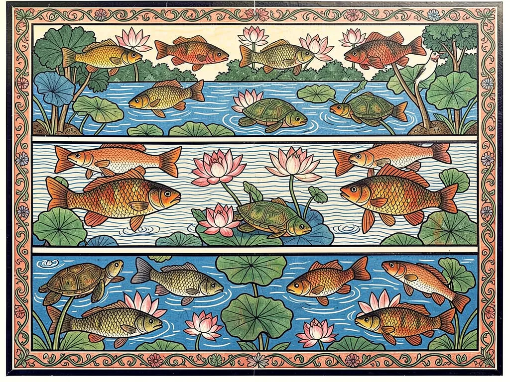River scene — fish, turtles, lotuses, and water birds in layered horizontal regi