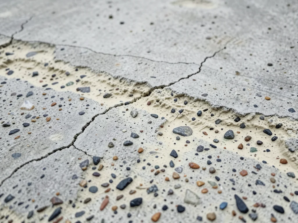 Acid-etched concrete surface, chemical treatment revealing pale creamy texture b