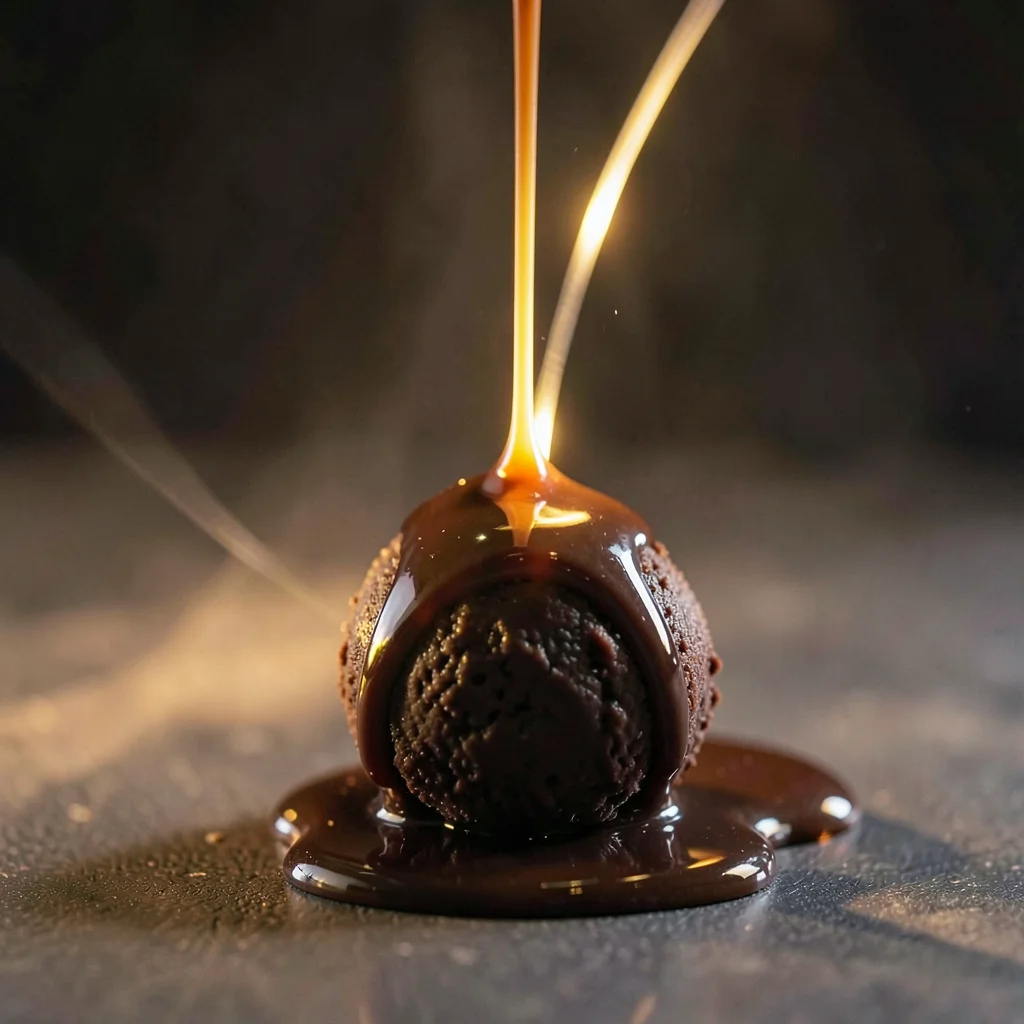 A chocolate truffle being drizzled with sauce, lit by eight sources including on