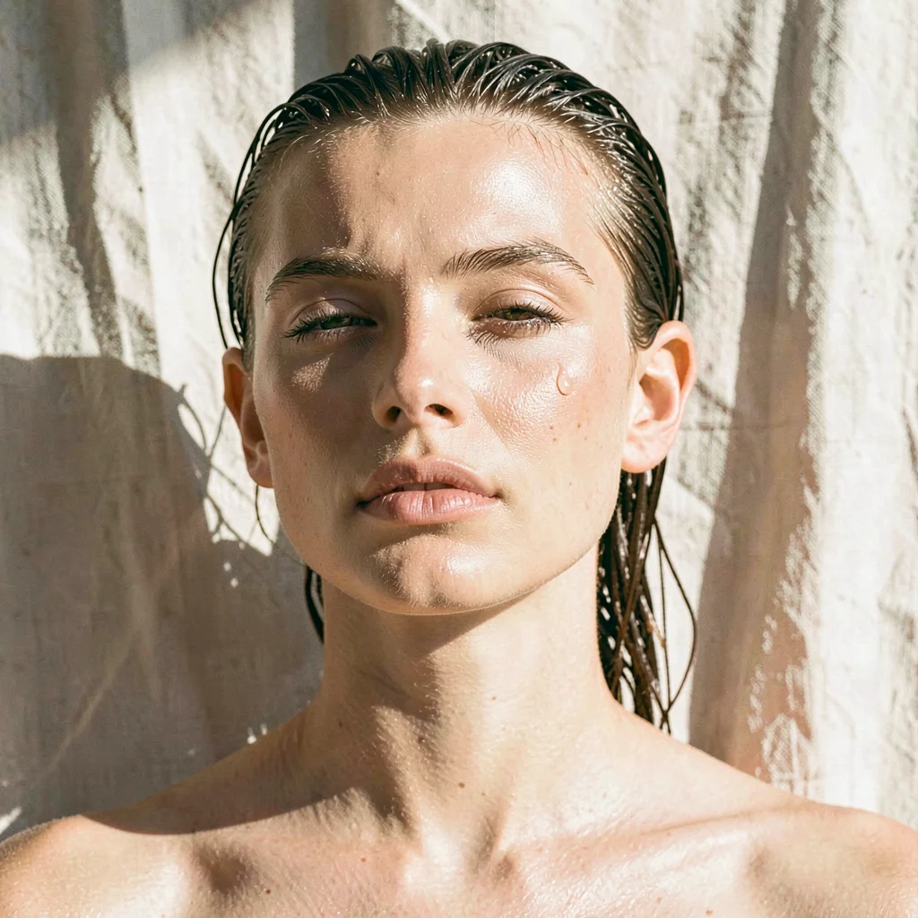 Portrait of a model with damp slicked-back hair against a sunlit linen wall, sin