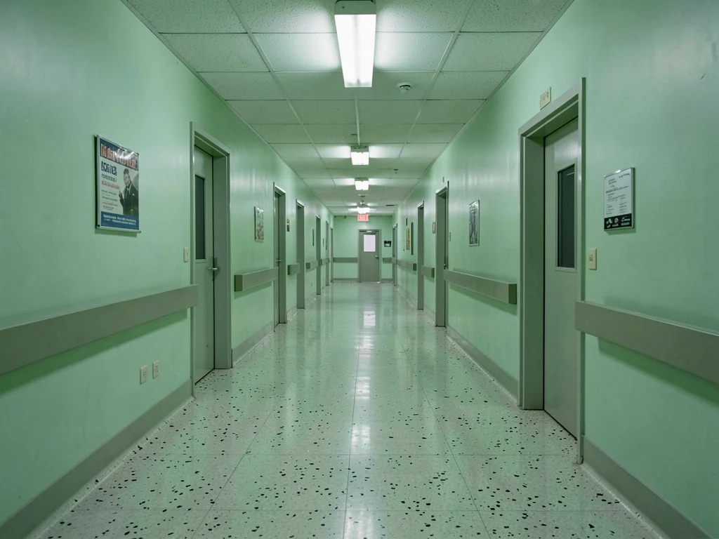 Hospital corridor with mint green walls and terrazzo floor, endless perspective
