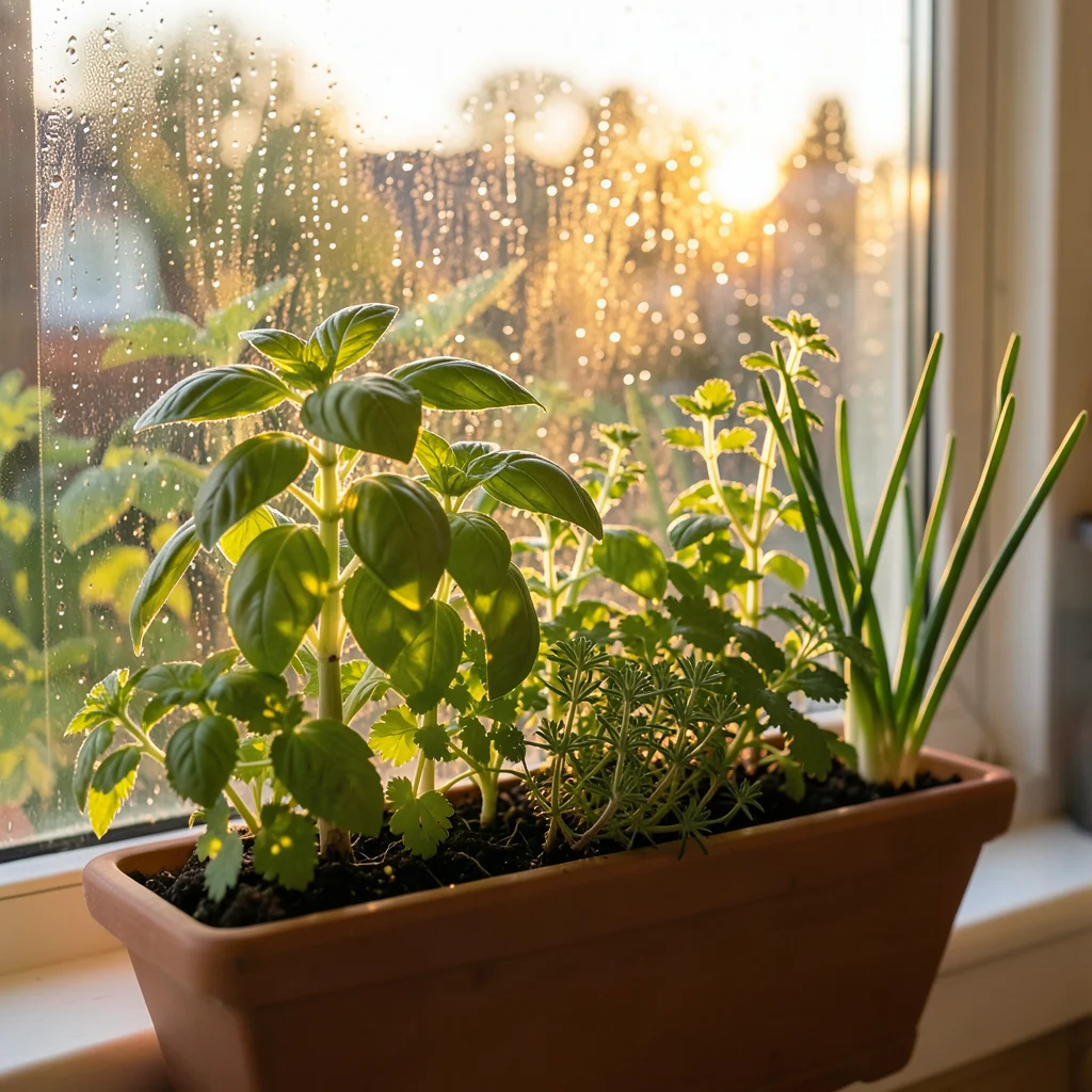 A window box of mixed herbs — basil, parsley, thyme, chives — backlit through ki