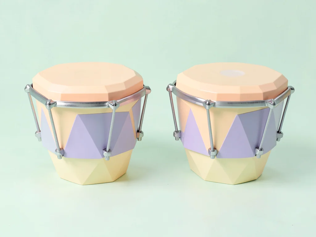 Twin cream lowpoly bongo drums with peach skin tops and lavender shell facets, o