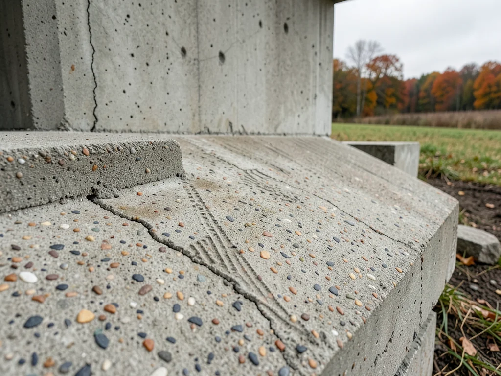 Concrete farmhouse structure, modernist interpretation, autumn field setting