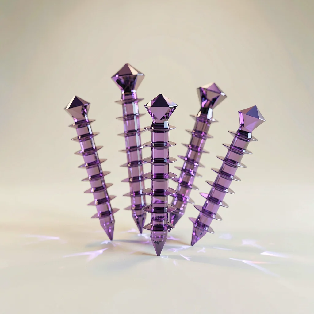 Cluster of amethyst lowpoly screws standing point-up with sharp violet faceted t