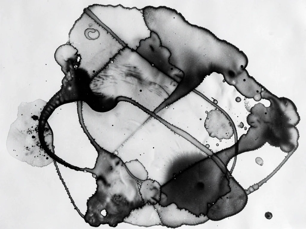 A large abstract chemigram — free-poured fixer resist, spontaneous organic tones