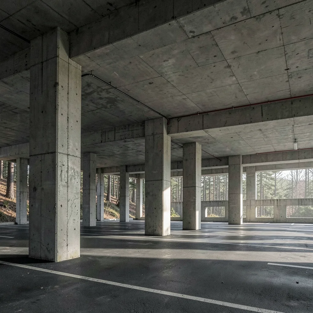 Brutalist concrete columns in a parking structure like ancient forest
