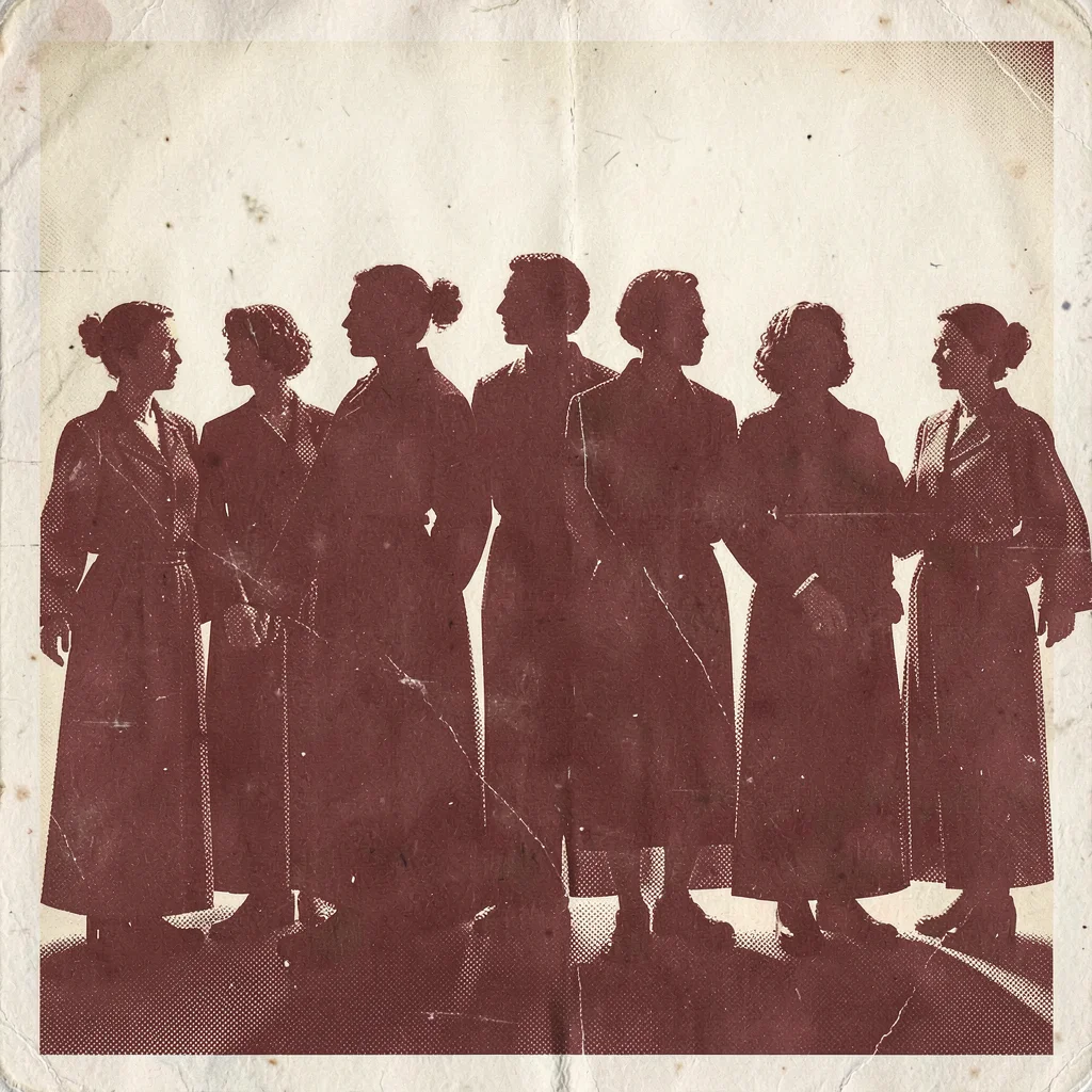 Three-color screenprint poster of a row of choristers in robes silhouetted, deep