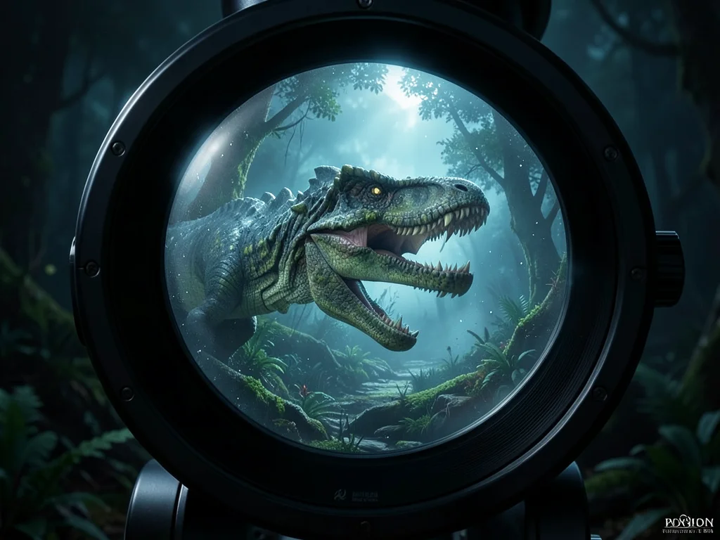 Telescope that can see through time, viewer seeing dinosaurs through lens