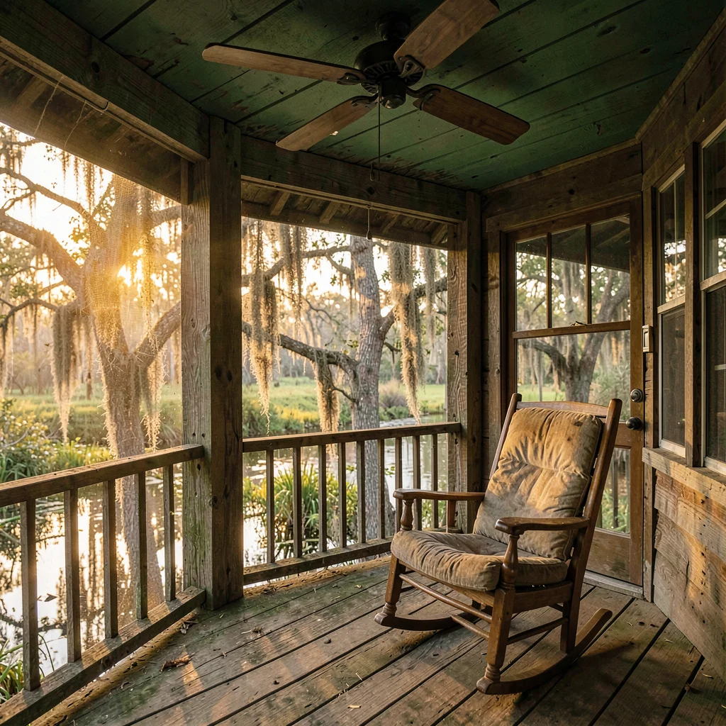 Atmospheric photograph with Louisiana bayou sensibility, Screened porch of a rai