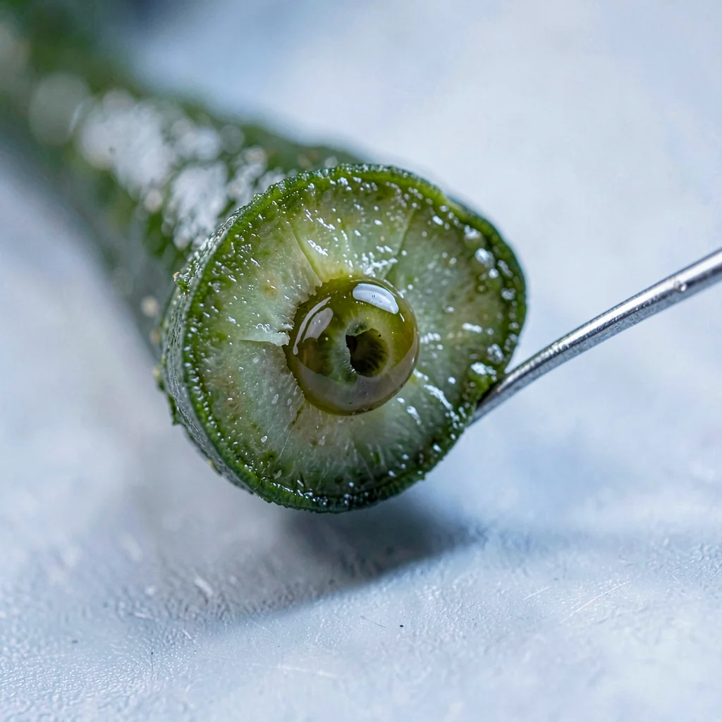 Macro of a bean clipped to show the centre cut, glossy oils catching cool studio