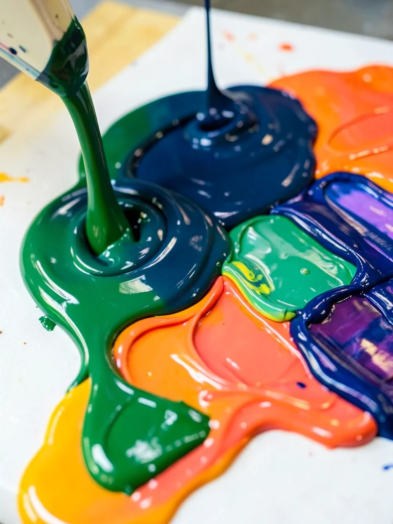 Paint being poured in layers, thick acrylic streams, color mixing zones visible
