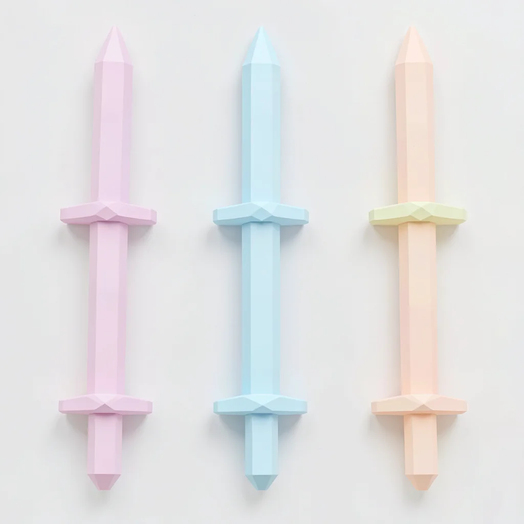 Set of six pastel-faceted swords arranged in a flat-lay grid on white, varied hi