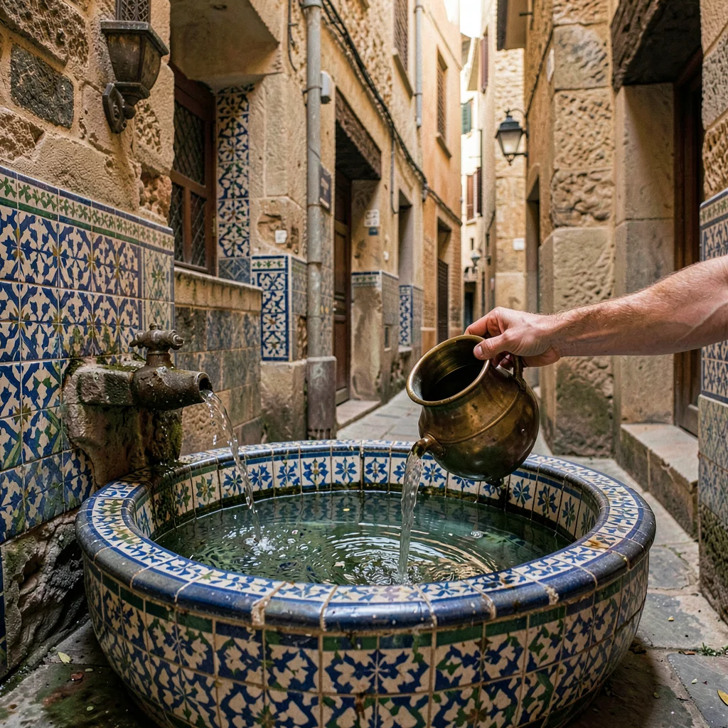 Historic medina photography, labyrinthine old city, Zellige tilework on a founta