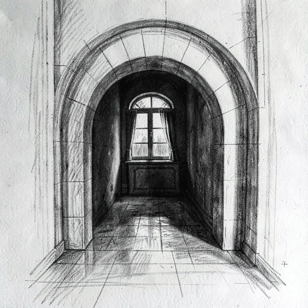 Charcoal of a curved arch leading to a back room, deep shadow swallowing the doo