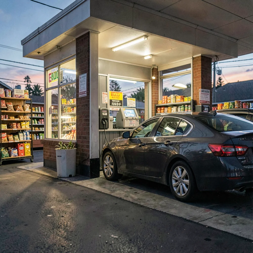 Wide quiet photo of a small grocery-store charging stall with a single car charg