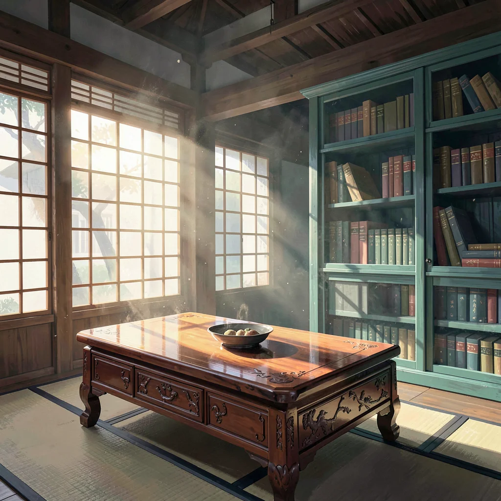 Lacquered scholar's pavilion with morning sun shaft through paper screens, warm 