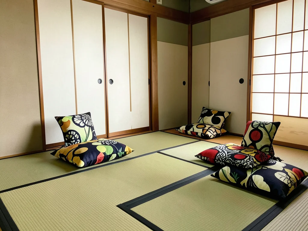 Tatami mat room with Marimekko-style bold pattern cushions, balanced contrast