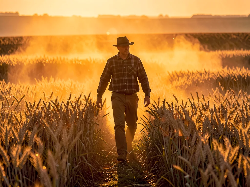 Farmer walking through wheat field, entire world gone amber, stalks backlit and 