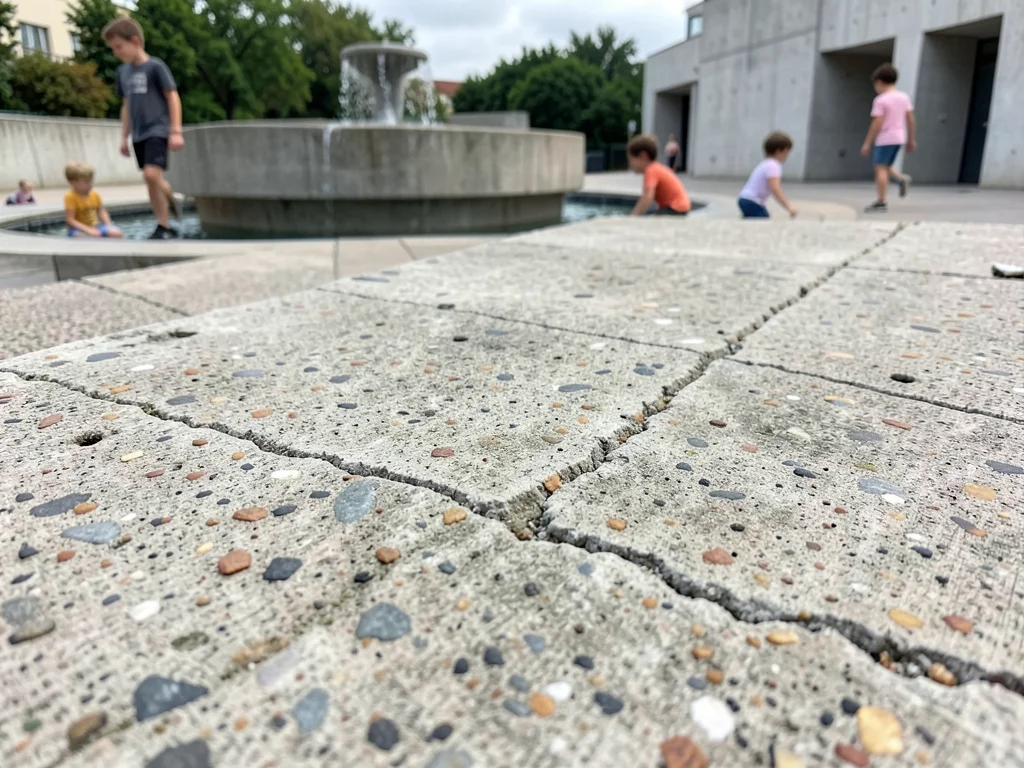 Public fountain in brutalist plaza, children playing, summer afternoon, hard geo