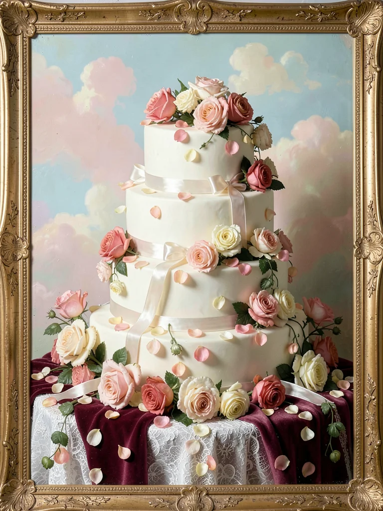 Tiered wedding cake on a velvet cloth — cascading sugar roses, ribbons, and real
