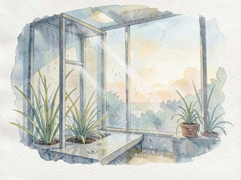 Quiet washy interior of an air plant misting station at end of day, fine droplet
