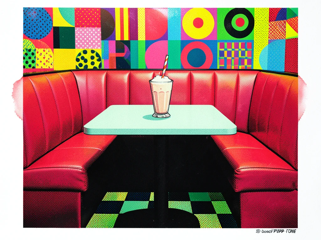 A diner booth seen from front, the seat in red leatherette, table surface in min