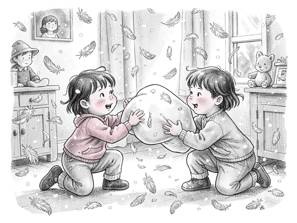 Children pillow fight with floating feathers