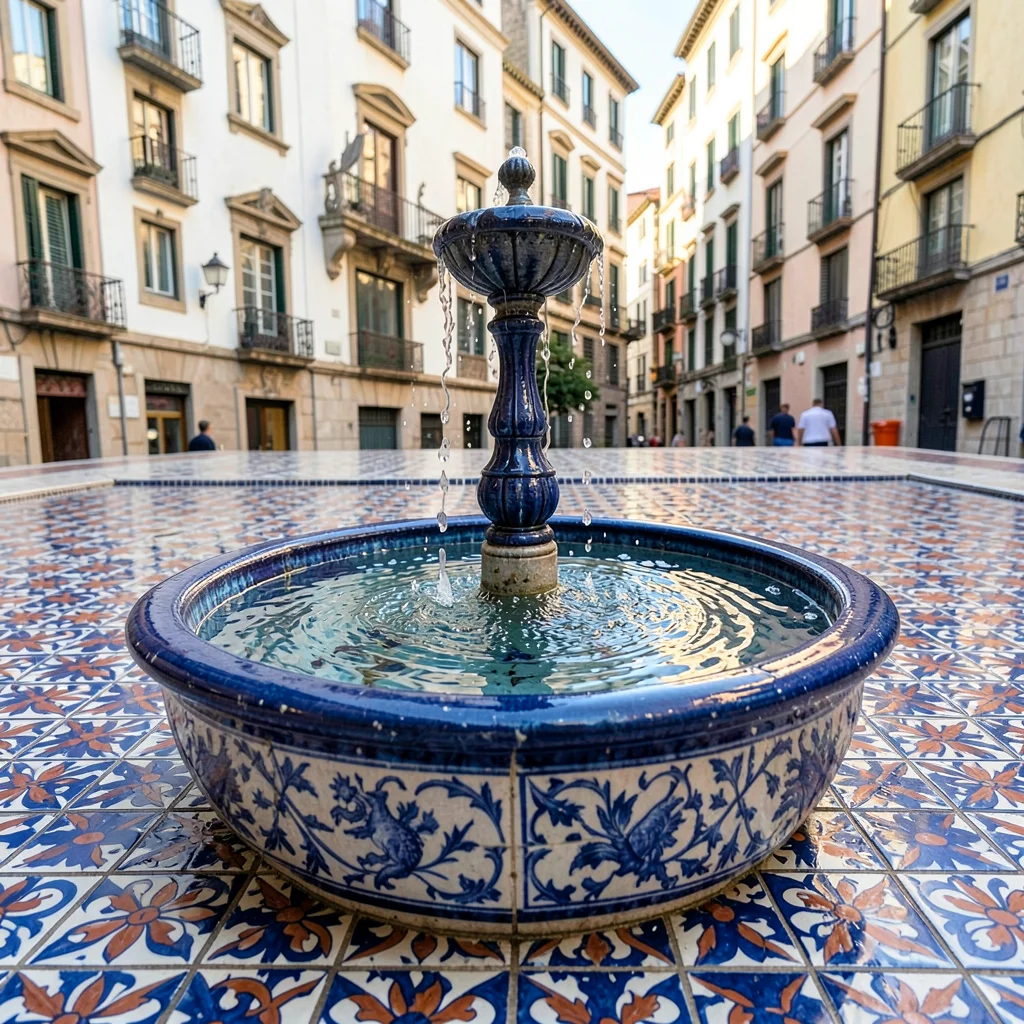 Azulejo tile geometry, Portuguese ceramic culture, A fountain with ceramic basin