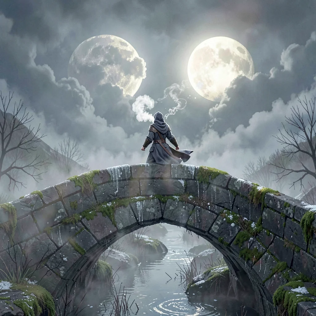 Storyboard frame of a hooded figure cresting a moss-slick stone bridge as twin m
