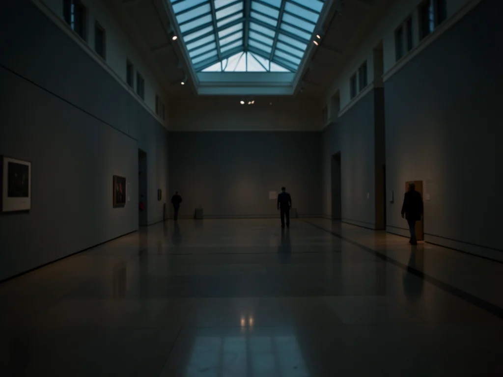 A gallery at closing time: lights dimming, the last visitors leaving, a guard be