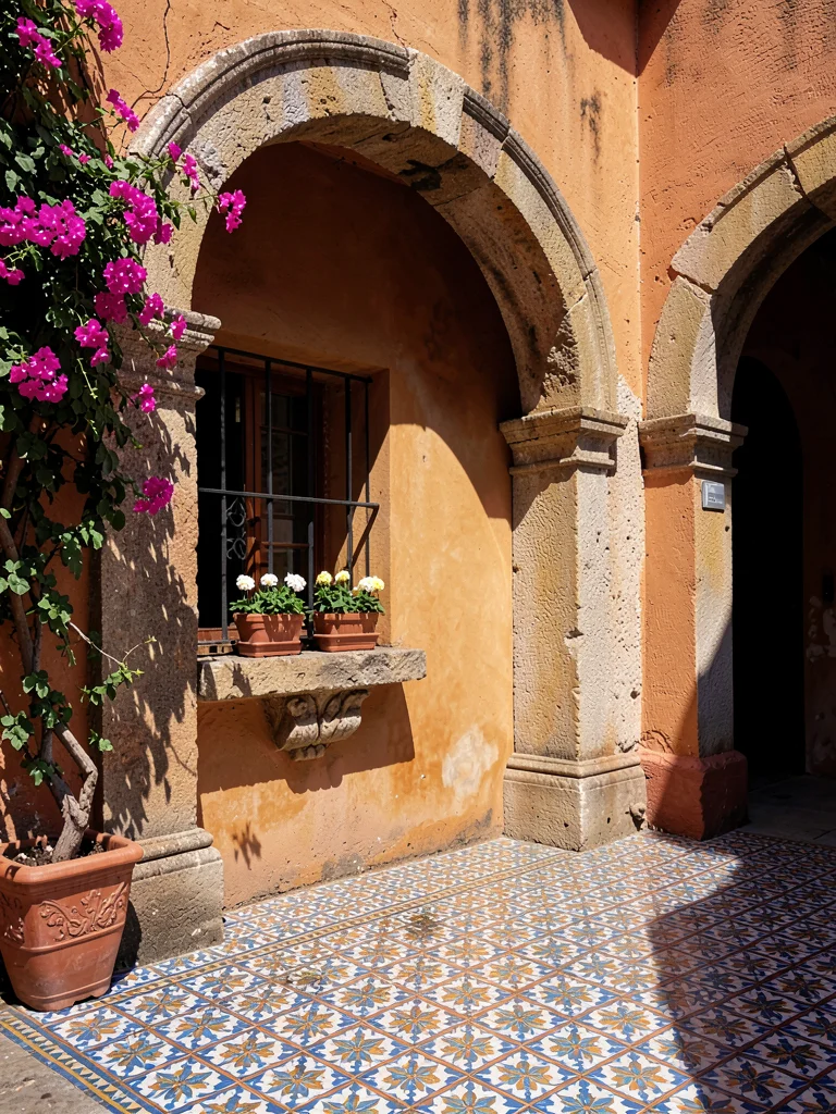 Geraniums on Stone Windowsill with Iron Grille