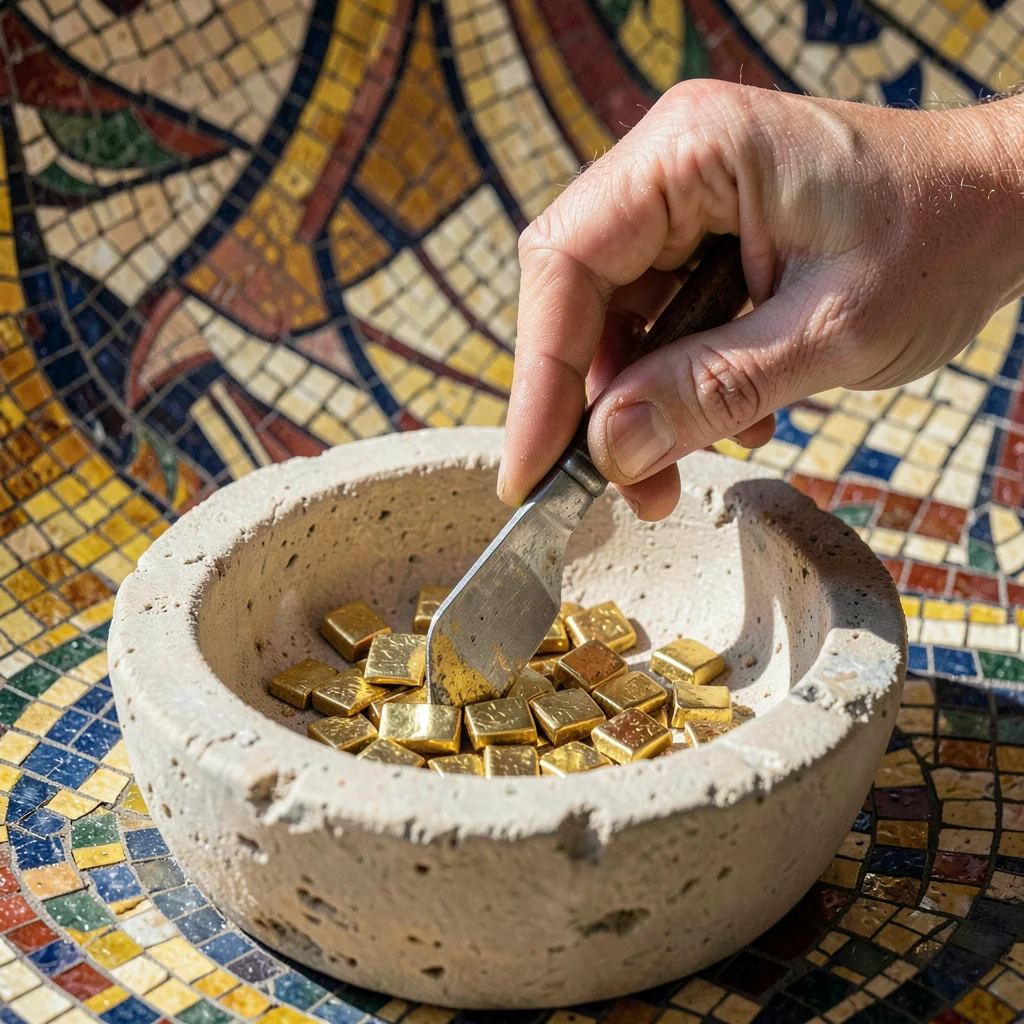 A hand pressing a single gold tesserae into mortar with a small tool