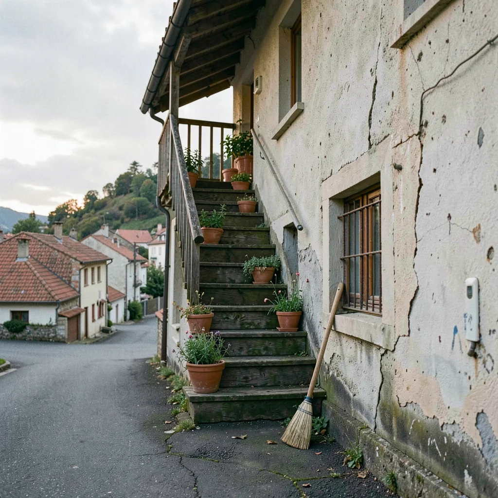 Quiet small town photography, contemplative scene, A worn wooden staircase ascen