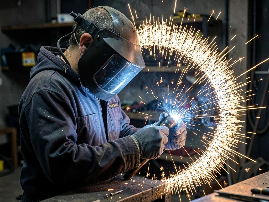 Welder with sparks creating rim effect