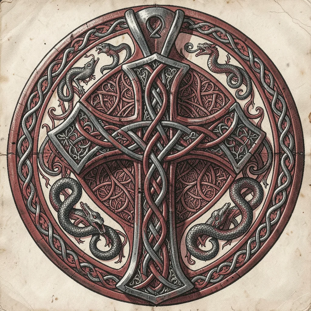 Knotwork cross pendant design — full interlace coverage on cross arms, circular 