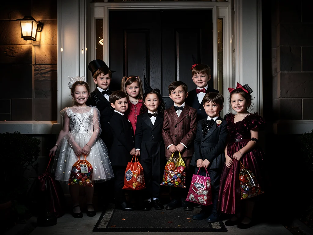 Group of costumed kids at front door trick-or-treating, porch light, candy bags