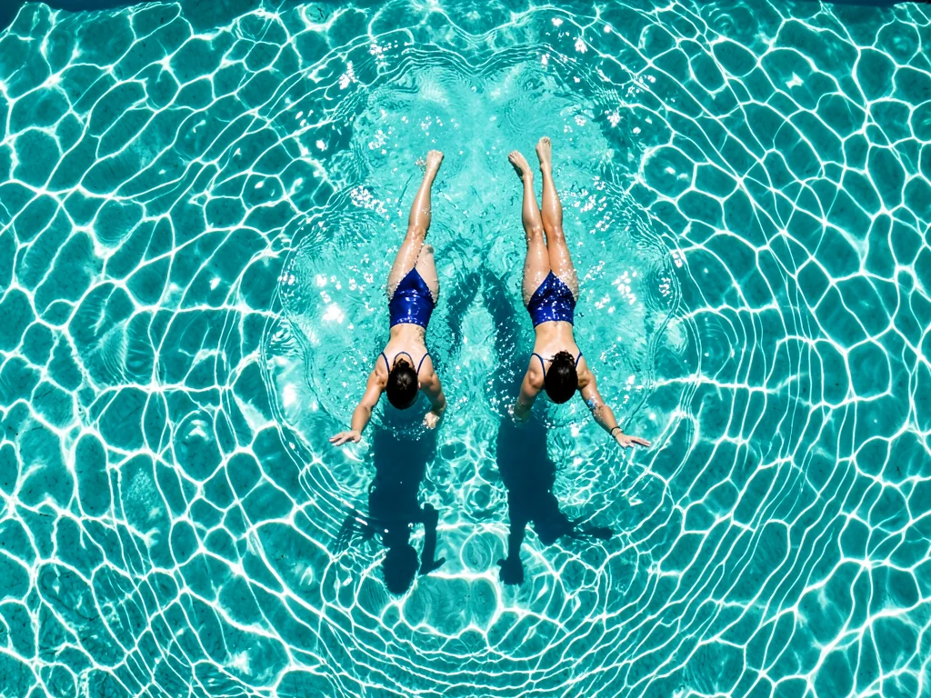 A synchronized swimming pair, their bodies creating a mirror image, the water su