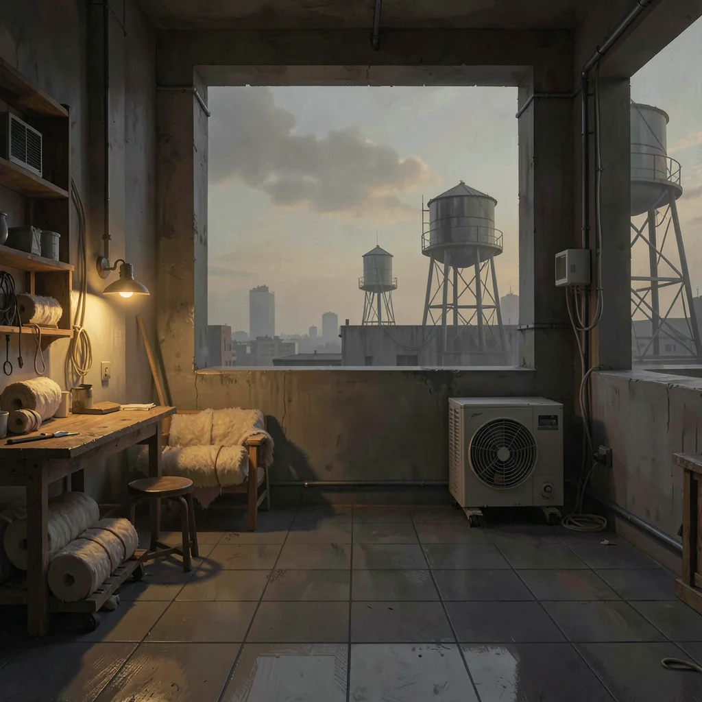 Atmospheric interior of the atelier at the dim quiet hour, wool bolts glowing un