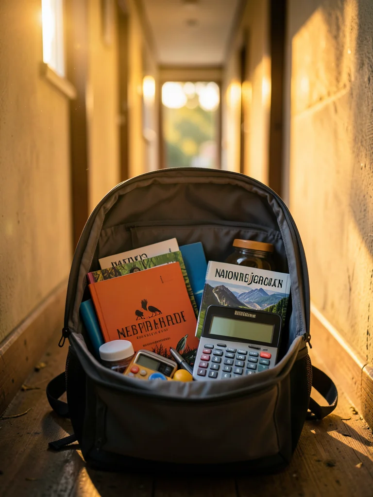 Open backpack with supplies visible inside, books, folders, calculator, hallway