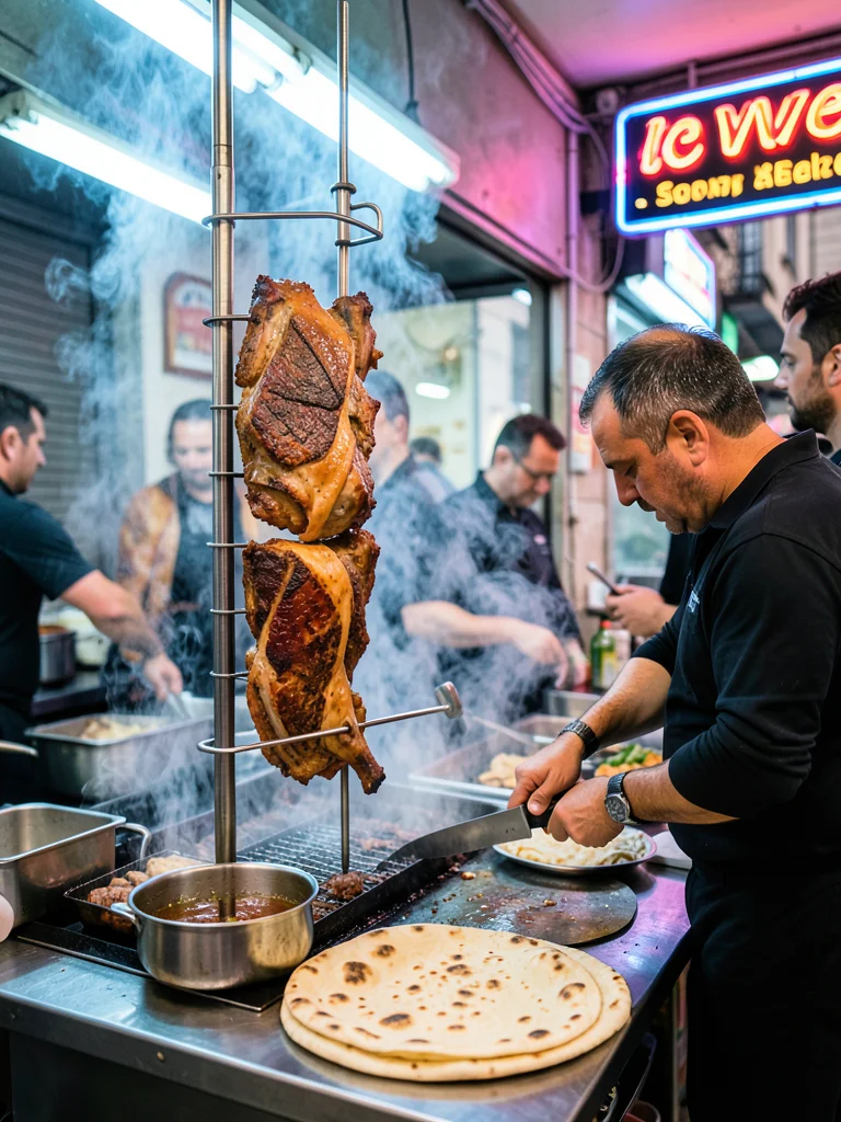 A kebab shop in Istanbul, vertical rotisserie of lamb, the vendor slicing paper-