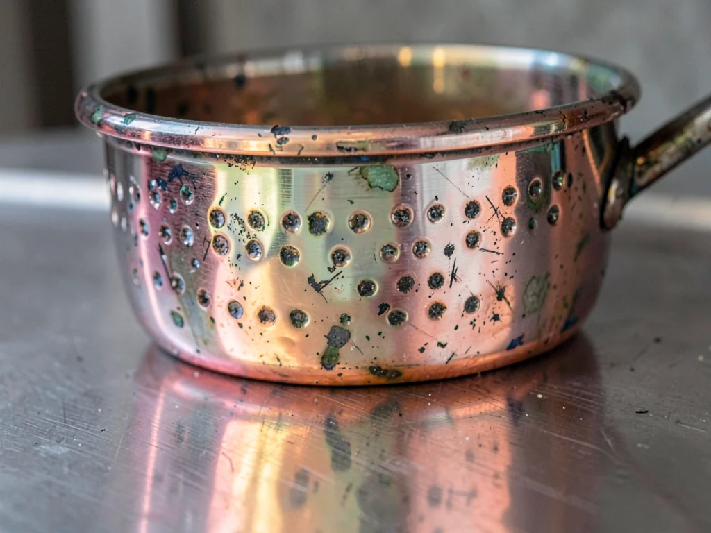 Copper pot showing hammer marks and patina