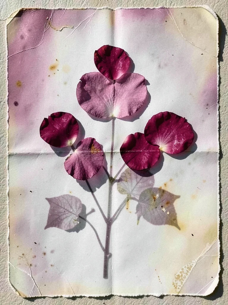 Pressed rose petals arrangement on silver gelatin paper, hours of sun exposure c