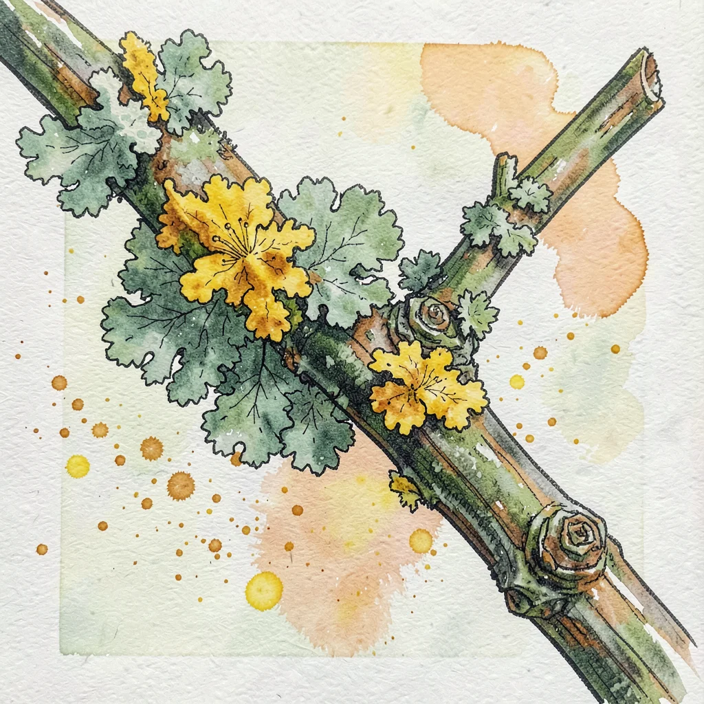 Close-up of a lichen-covered branch in sage green and warm yellow