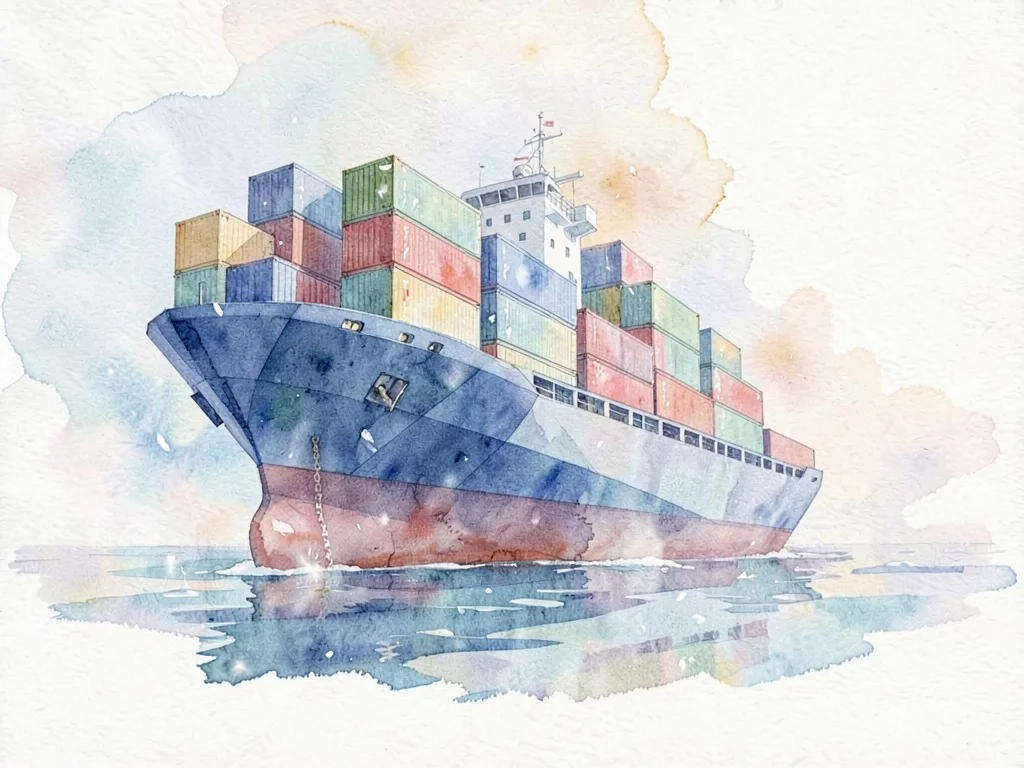 Oversized sapphire lowpoly cargo ship with a faceted hull and stacked containers