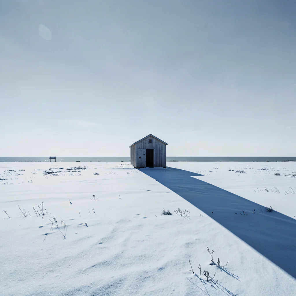 Stark Baltic minimalism, contemplative mood, Snow-covered field with single wood