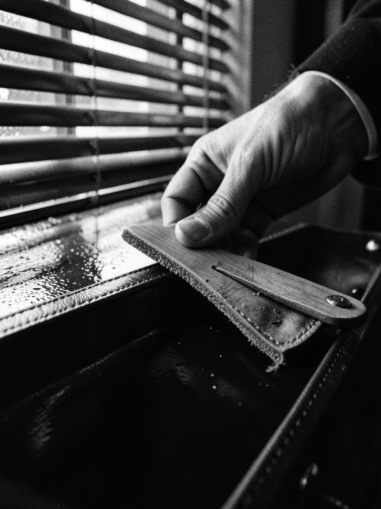 Fingers burnishing a leather belt edge with a wooden slicker