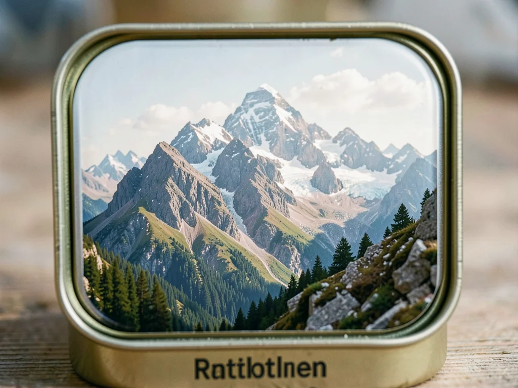 Mountain range through oatmeal tin camera, infinite depth of field making everyt