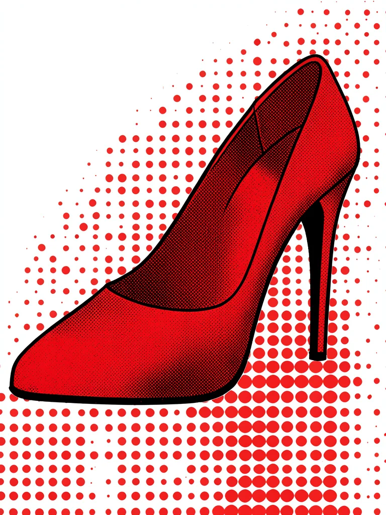 High-heeled shoe close-up, flat red with halftone shading, white ground