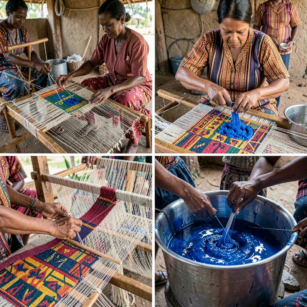 Kumasi kente weaving process, strip loom geometry, Woman dyeing thread in metal 